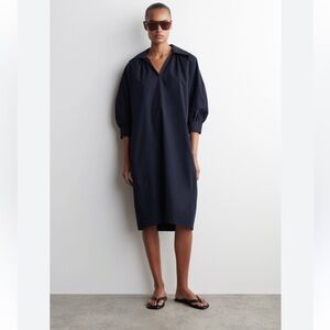 NWOT COS Navy Oversized Long Sleeve Shirt Dress Cotton Puff Sleeves Pockets